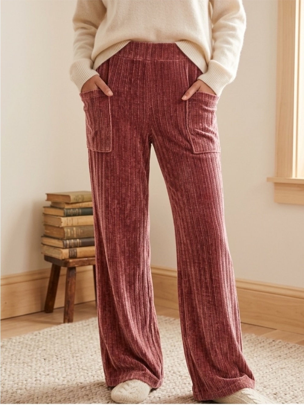 Lark + Grey Velour Wide Leg Ribbed Pull On Lounge Flare Sweatpants Dusty Pink M